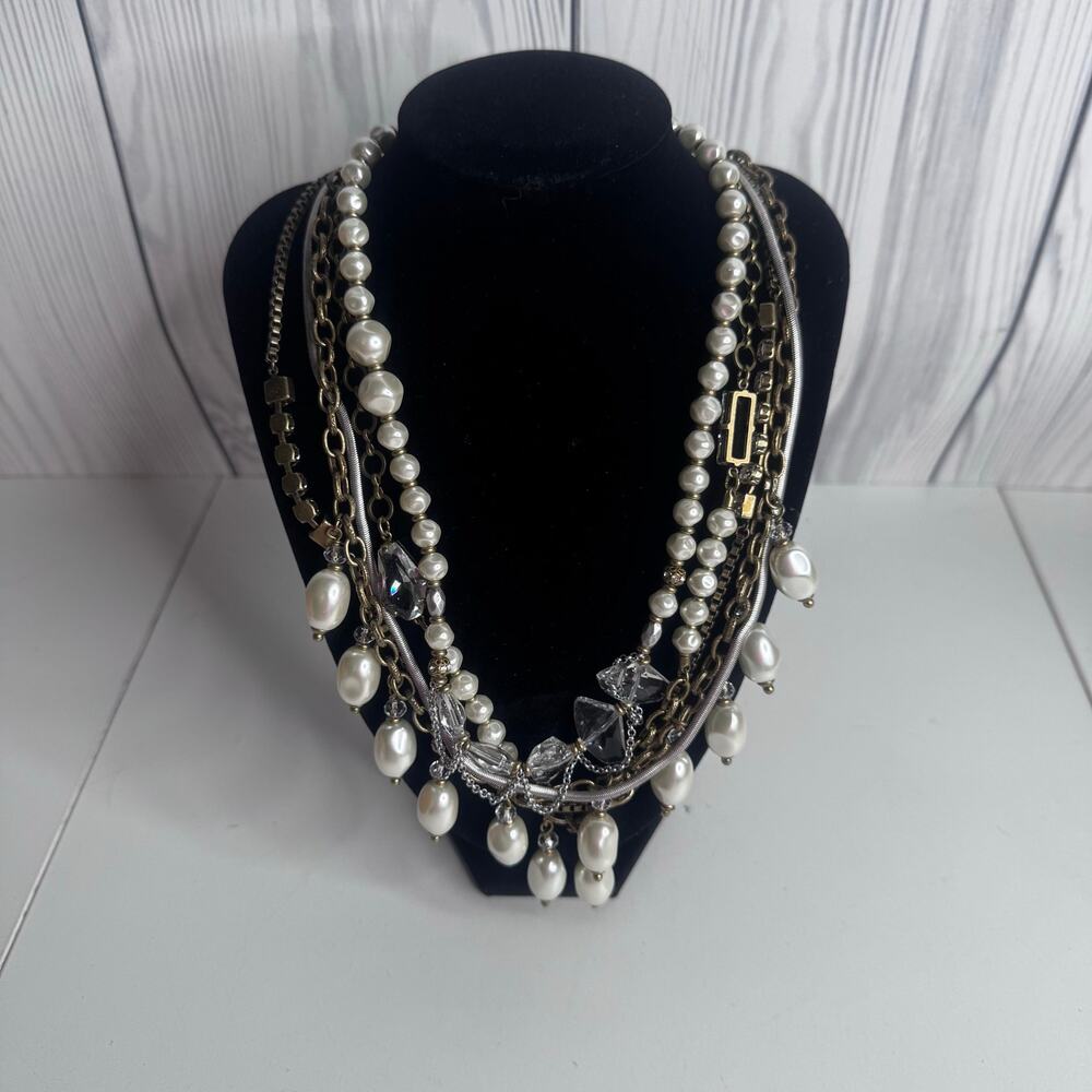 Silpada KR Statement Necklace Crystal Pearl Antiqued Gold Layered Signed 20”